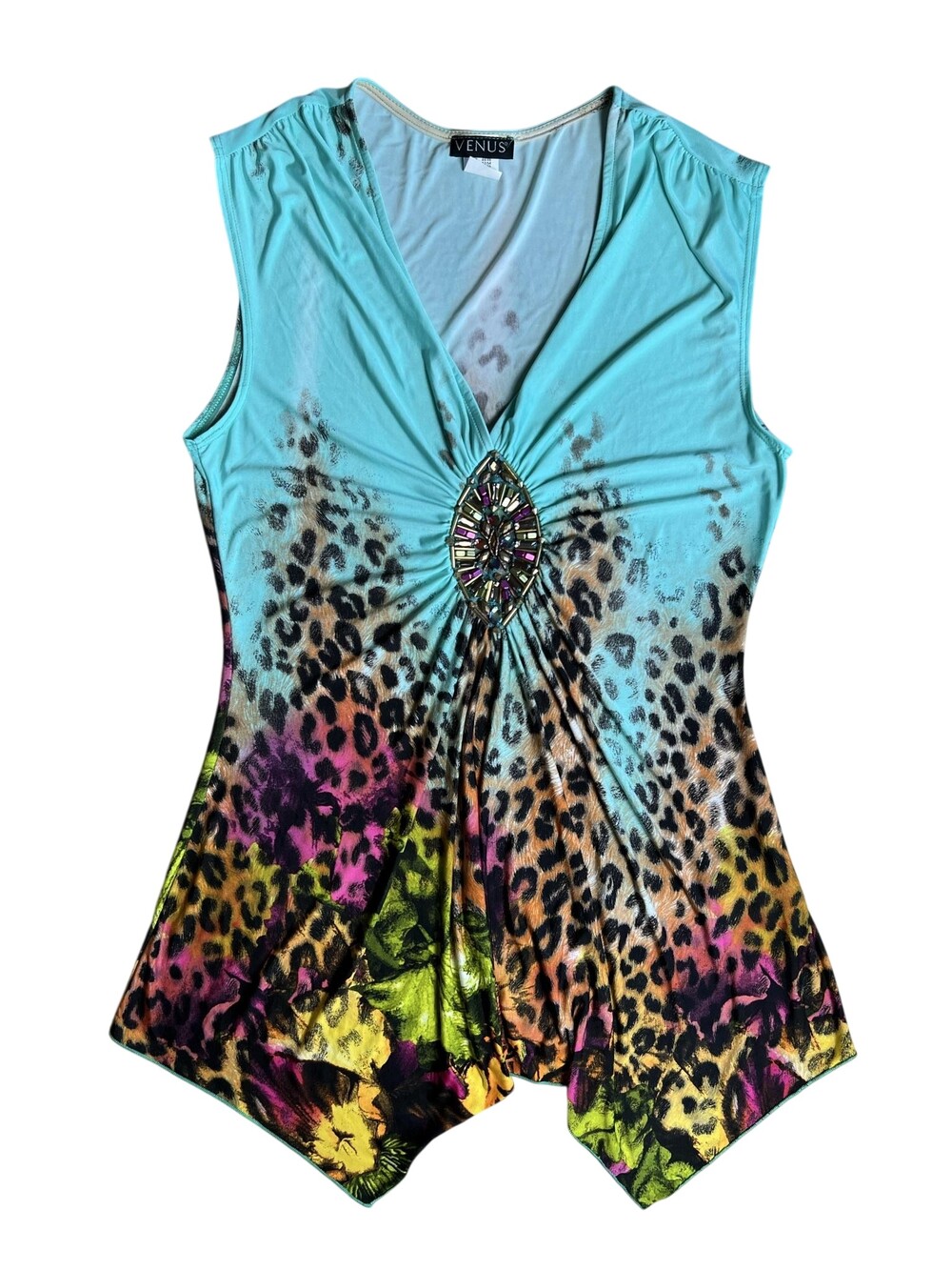 Venus Tank Womens L Multicolor Tunic V-Neck Rhinestone Stretch Polyester Spandex